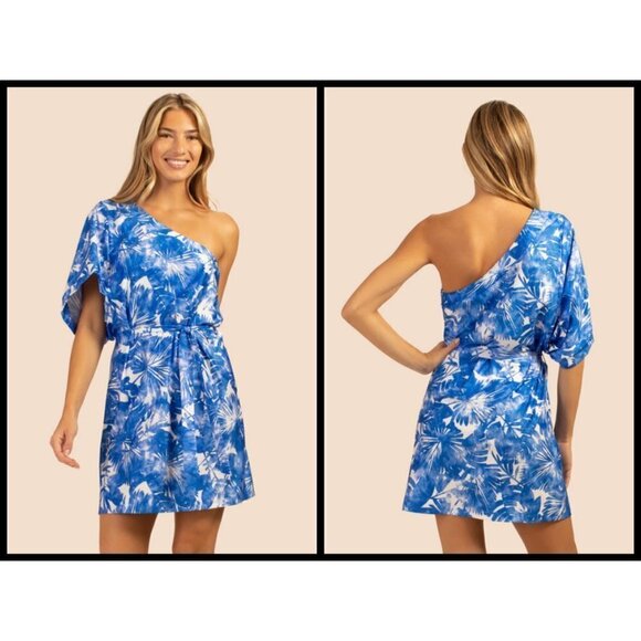 💕TRINA TURK💕 Basque Dress One Shoulder Swim Cover Up Sapphire Blue Print S NWT - Picture 3 of 16